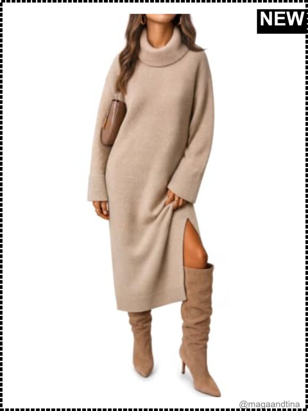 Womens Chunky Knit Turtleneck Sweater Dress Oversized Long Sleeve Midi